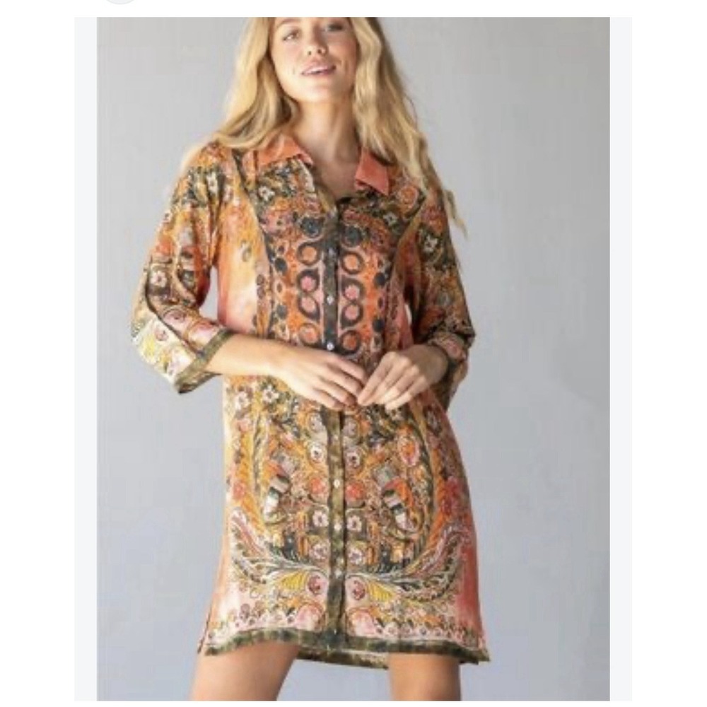 Natural Life Fiona Tunic Dress Women's Size Small Boho Floral Orange Green Art